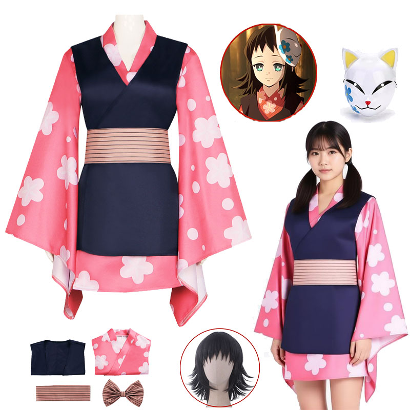 Anime Cosplay With Mask - Costume Cosplay Anime Kimetsu, Parrucca Makomo,